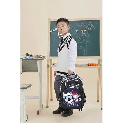 Football Print School Backpack – Nylon Travel & School Bag for Boys, Blue & Black