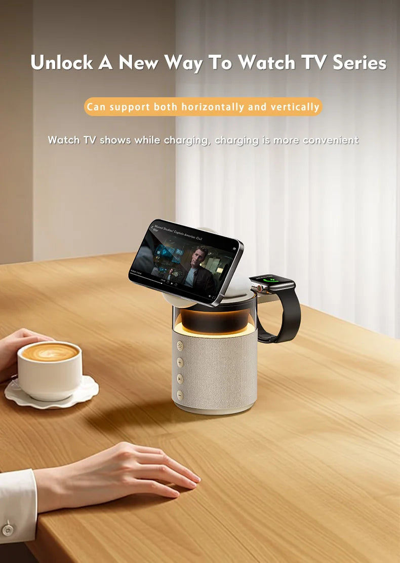 5 in 1 Magnetic Wireless Charging Station with Bluetooth Speaker and Night Light Fast Charger for iPhone Watch AirPods