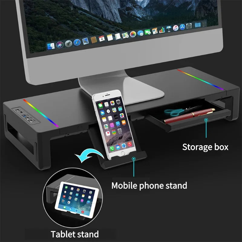 RGB Monitor Stand Riser with USB Hub, Fast Charging, Drawer & Phone Holder – Height Adjustable