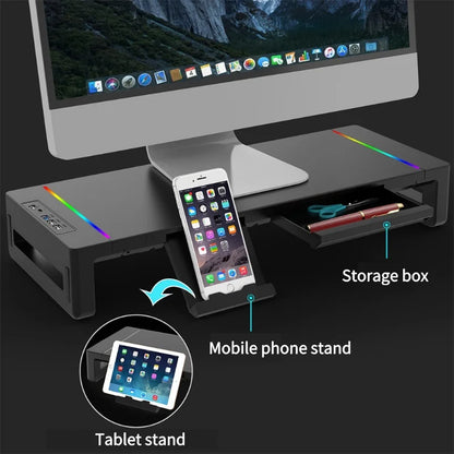 RGB Monitor Stand Riser with USB Hub, Fast Charging, Drawer & Phone Holder – Height Adjustable