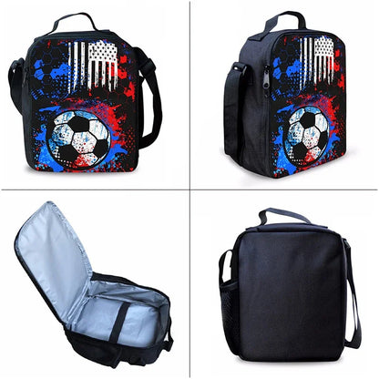 3-Piece Soccer Cartoon School Bag Set – Backpack, Lunch Bag & Pencil Case for Boys & Girls
