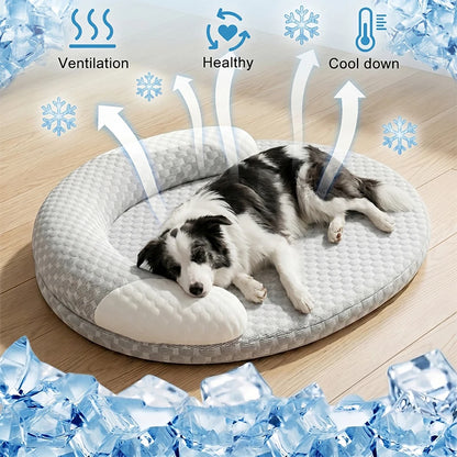 Cooling Ice Silk Pet Bed – Breathable Oval Bolster Bed for Dogs and Cats