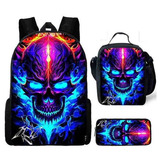 Skull Print School Backpack 3-Piece Set – Backpack, Lunch Bag & Pencil Case, Nylon, Unisex