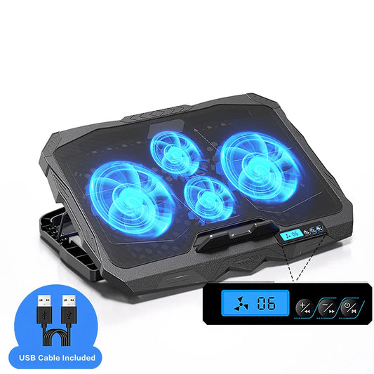 Laptop Cooling Stand for 17” – 5 Height Levels, 6 Fan Speeds, 4 Fans, LCD Display & Dual USB Ports
