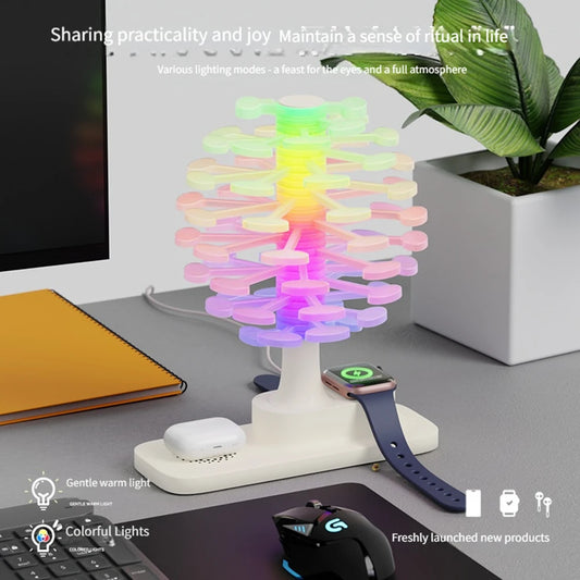 Spiral Tree Table Lamp with Colorful Lighting and Wireless Charging Pad for Phone and Watch