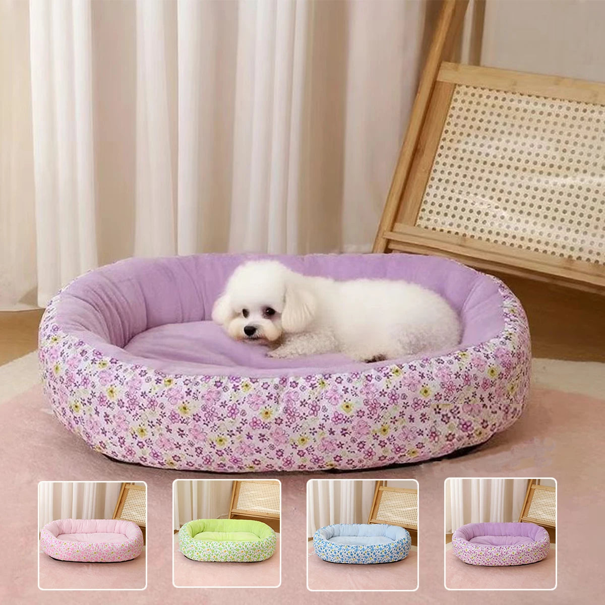 Floral All-Season Pet Bed – Soft Donut Bed for Dogs and Cats