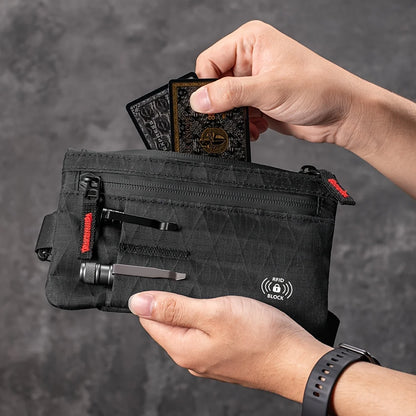 RFID Blocking Wrist Clutch Wallet – Nylon, Card Holder, Cash Pocket, Unisex, Full Black / Black-Red