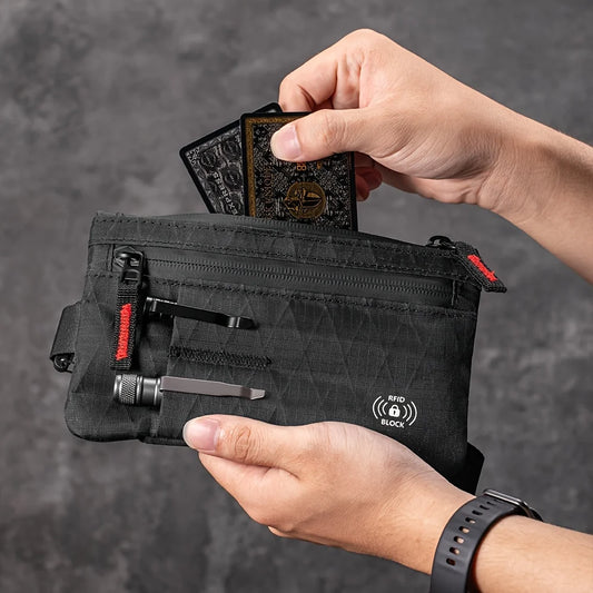 RFID Blocking Wrist Clutch Wallet – Nylon, Card Holder, Cash Pocket, Unisex, Full Black / Black-Red