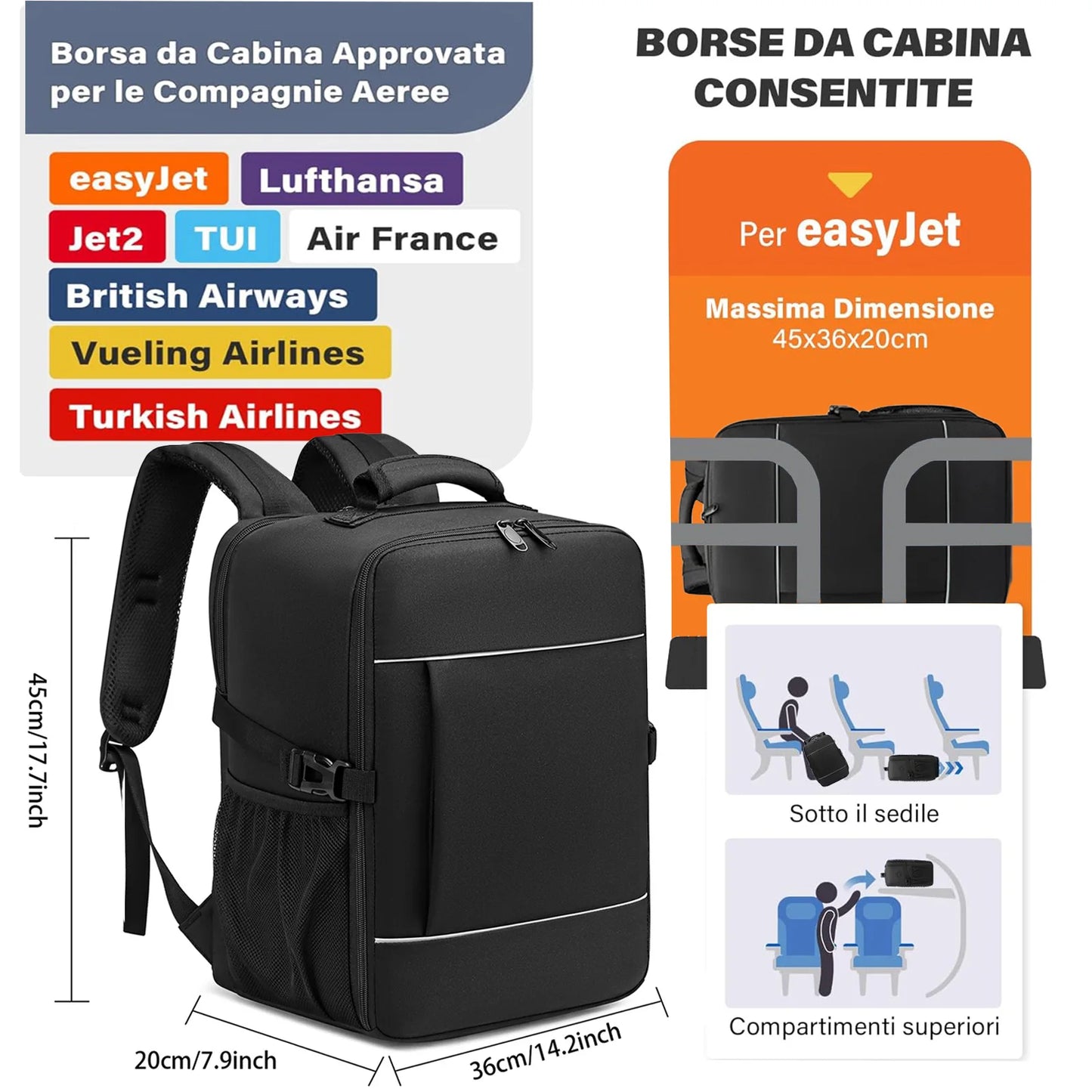 Cabin Bag Backpack 40x20x25 – Airline Carry-On Compliant, Laptop & Travel