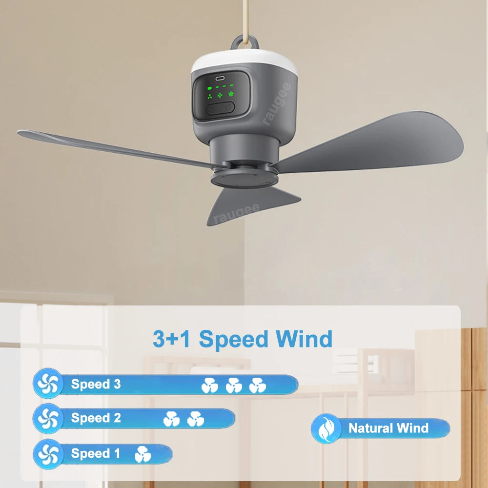 Portable Camping Ceiling Fan 12000mAh Rechargeable Tent Fan with LED Light and Remote Control