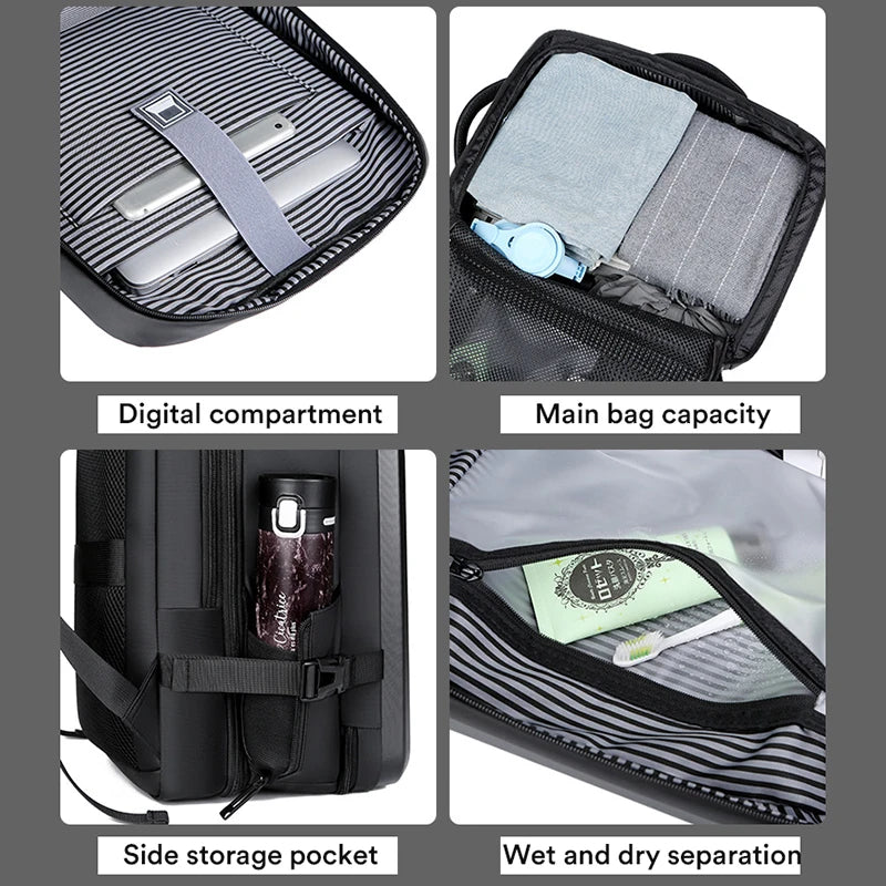 50L ABS Hard Shell Expandable Travel Backpack – 17" Laptop Compartment, USB Charging, Waterproof