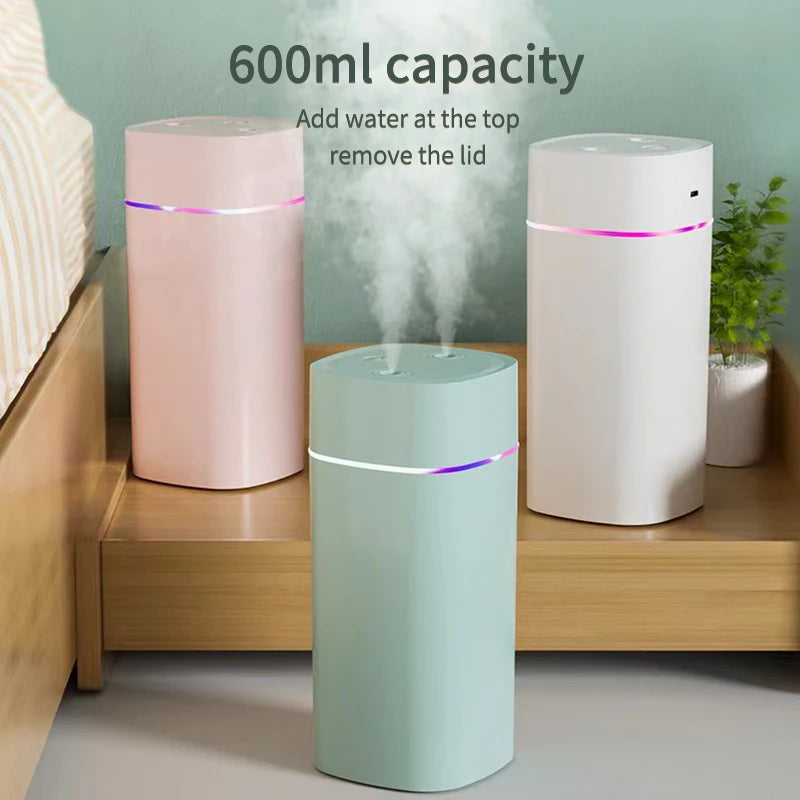 Dual Nozzle USB Humidifier with 7-Color LED Ambient Light 600ml