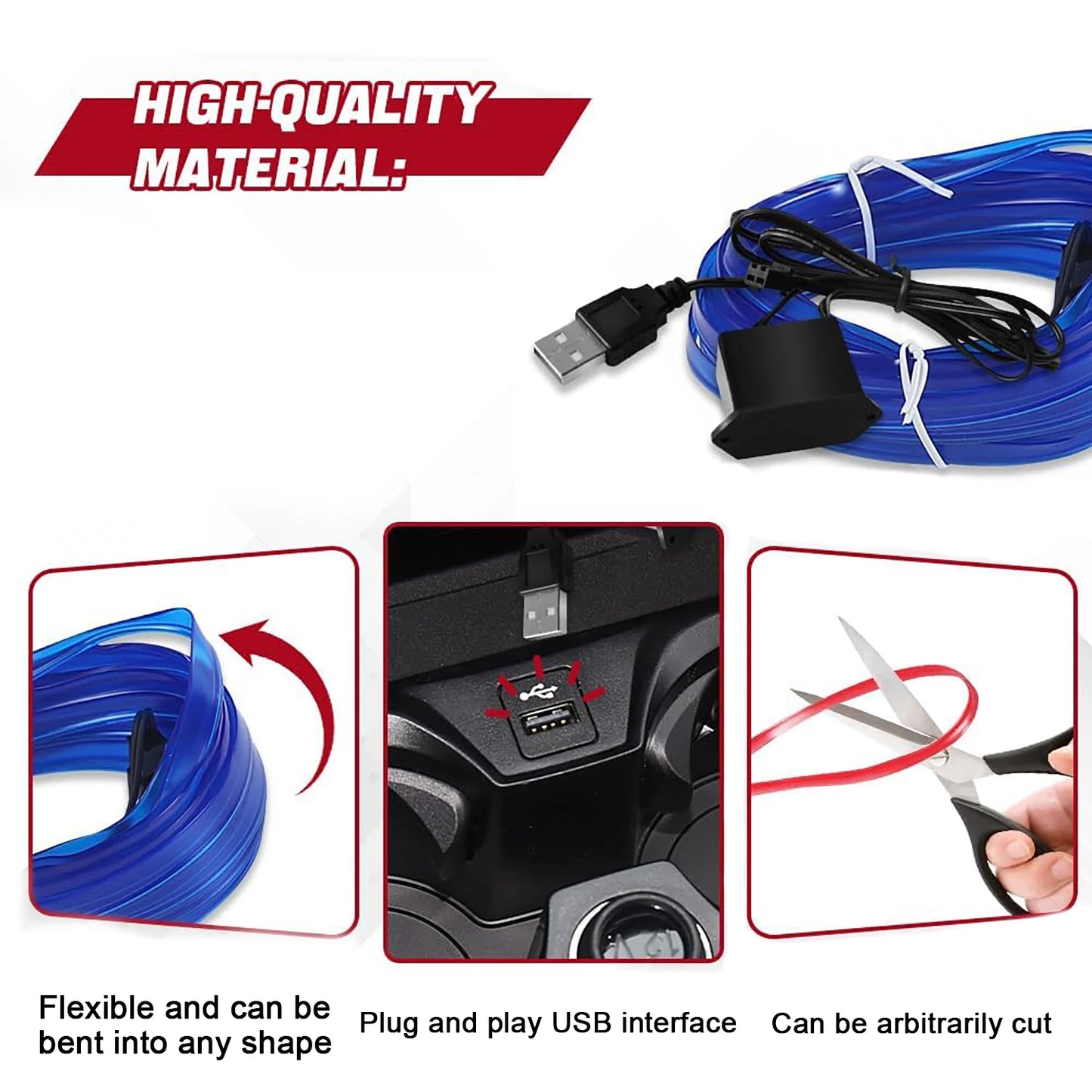 EL Wire Car Interior Ambient Light Strip – 5m, USB, Flexible Neon, 4 Colors