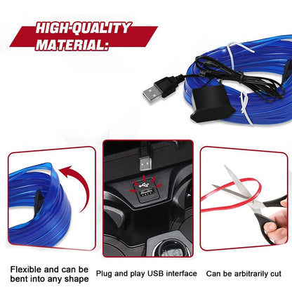 EL Wire Car Interior Ambient Light Strip – 5m, USB, Flexible Neon, 4 Colors