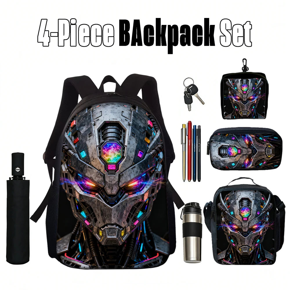Cartoon Robot Print Backpack Set – Roomy Polyester School & Travel Bag, Unisex