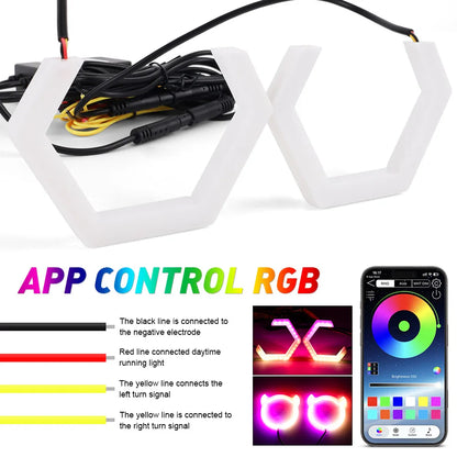 RGB Hexagon Angel Eyes Halo Rings – DRL & Turn Signal, App Control, 2pcs