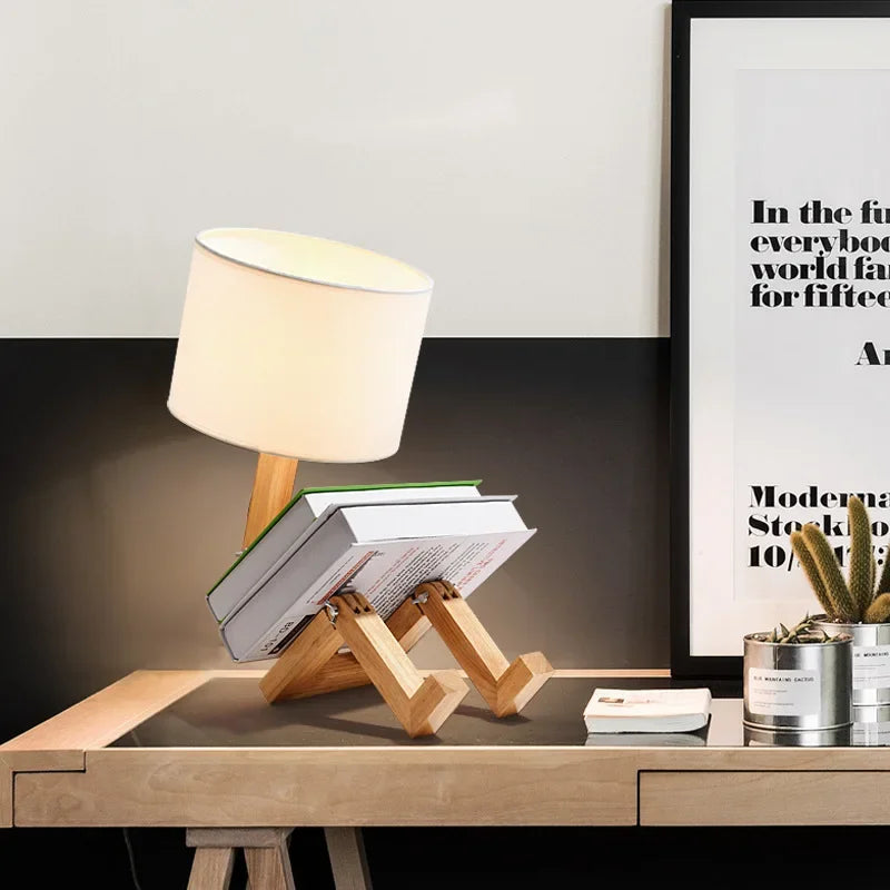 Adjustable Robot Shape Table Lamp E27 Wooden Fabric Foldable Desk Light for Bedroom Living Room Study