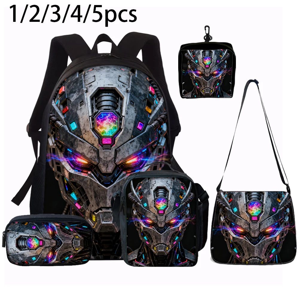 Cartoon Robot Print Backpack Set – Roomy Polyester School & Travel Bag, Unisex