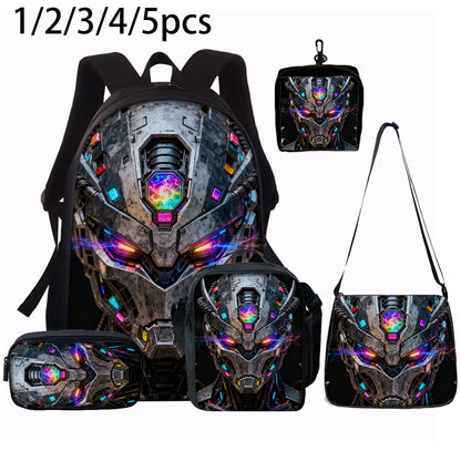 Cartoon Robot Print Backpack Set – Roomy Polyester School & Travel Bag, Unisex