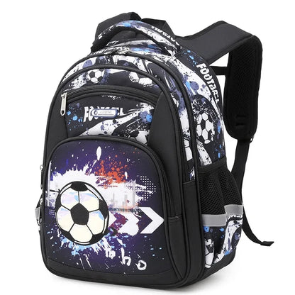 Football Print School Backpack – Nylon Travel & School Bag for Boys, Blue & Black