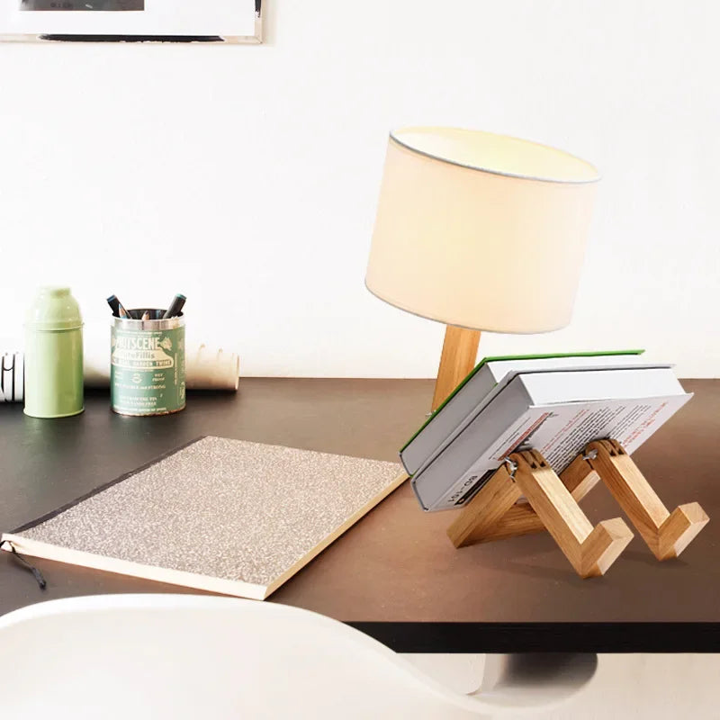 Adjustable Robot Shape Table Lamp E27 Wooden Fabric Foldable Desk Light for Bedroom Living Room Study
