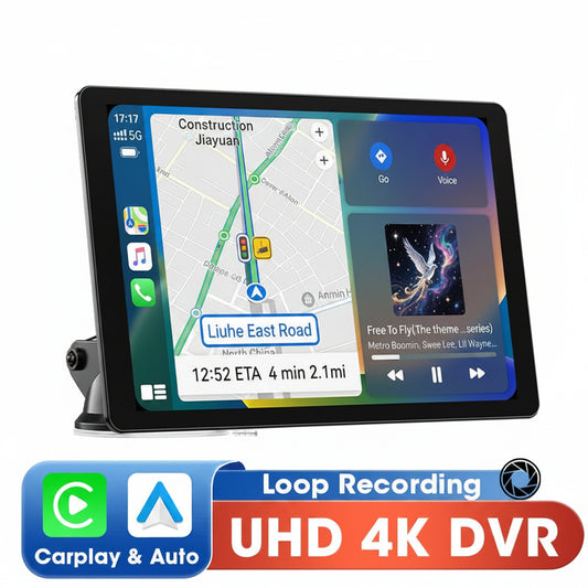 10.1-inch Jansite GPS device with map and car interface on screen, featuring Carplay & Auto, Loop Recording, UHD 4K DVR, and camera.