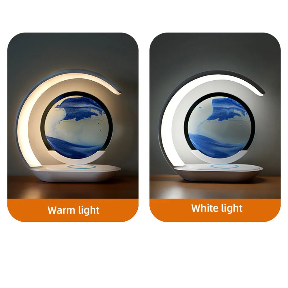 Quicksand Table Lamp 3D Hourglass Sand Art Night Light with USB Wireless Charging Desk Lamp