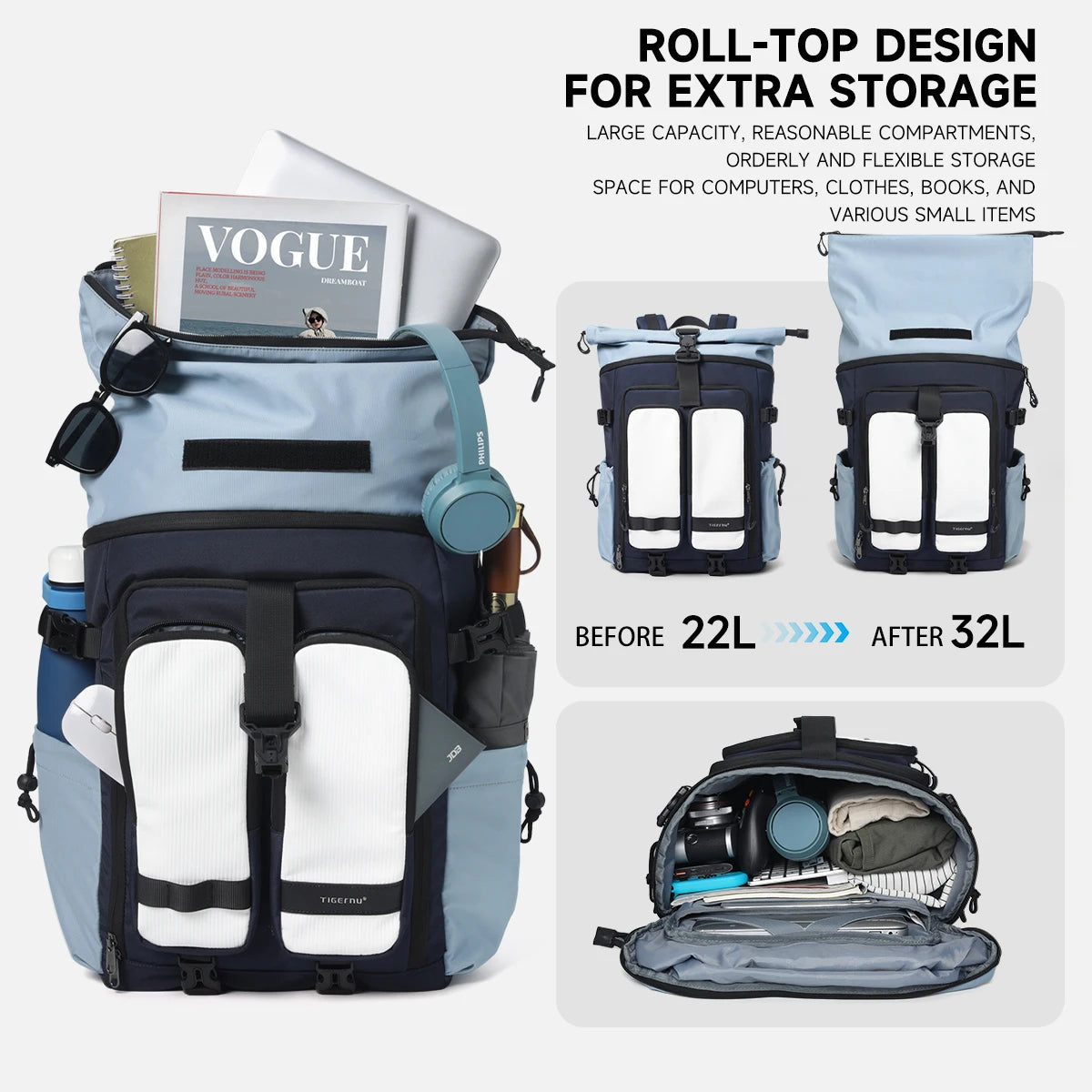 Expandable 900D Nylon Laptop Backpack 22L–32L with 10-Year Zipper Warranty