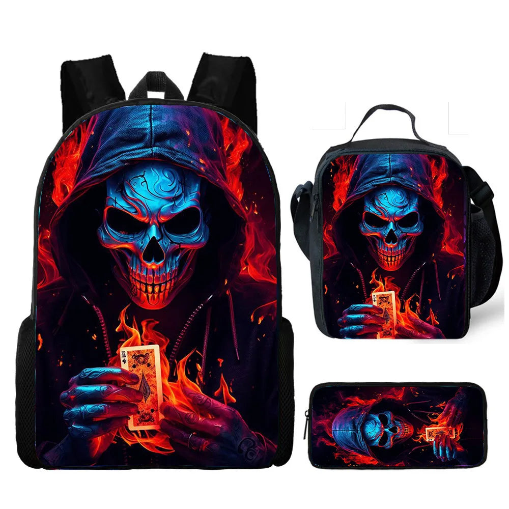 Skull Print School Backpack 3-Piece Set – Backpack, Lunch Bag & Pencil Case, Nylon, Unisex