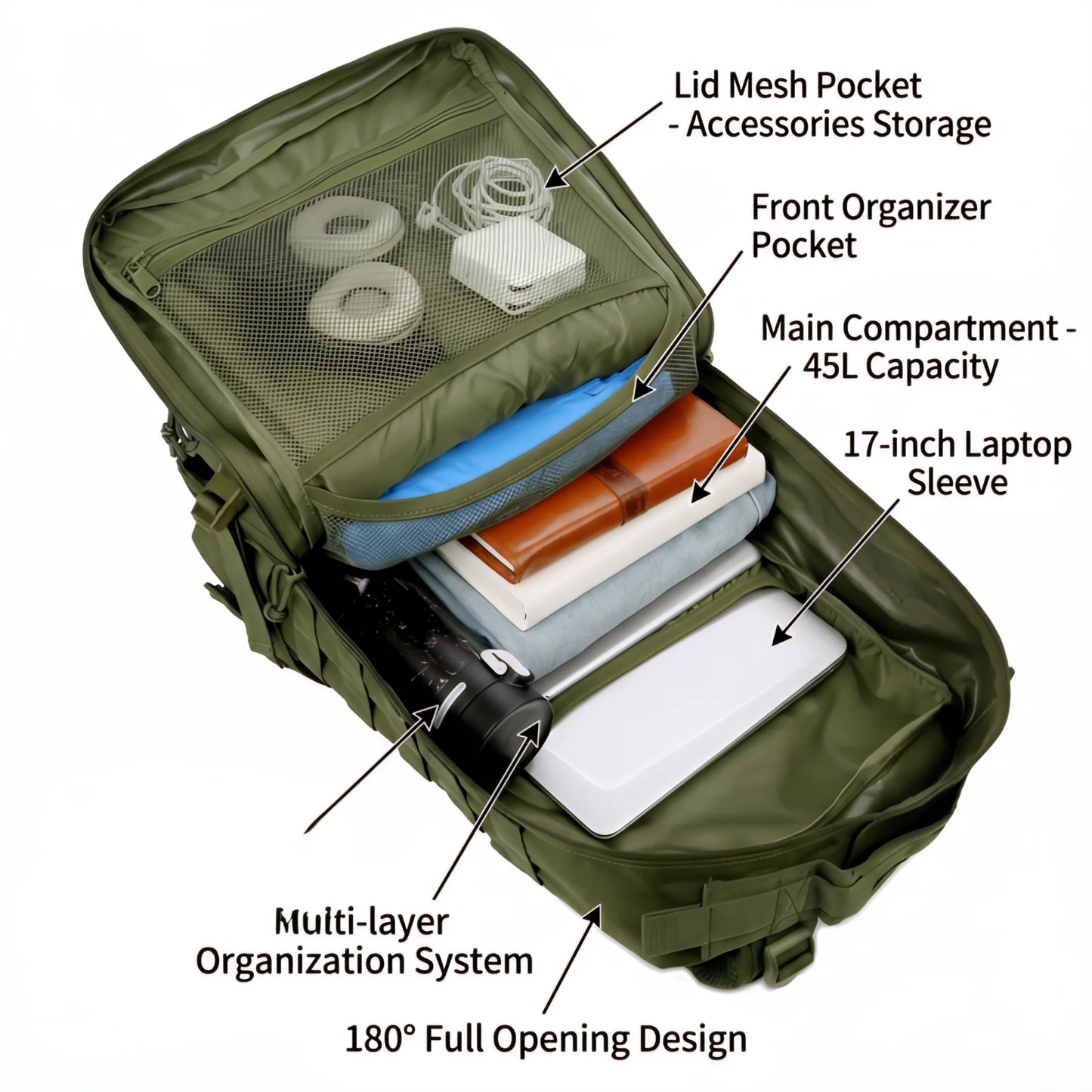 45L Tactical Travel Backpack with MOLLE – Multi-Pocket, Laptop Sleeve, 13 Colors