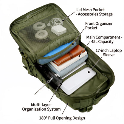 45L Tactical Travel Backpack with MOLLE – Multi-Pocket, Laptop Sleeve, 13 Colors