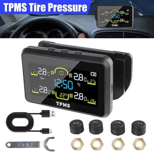 Solar Tire Pressure Monitoring System with 4 External Sensors Digital Display and Temperature Warning