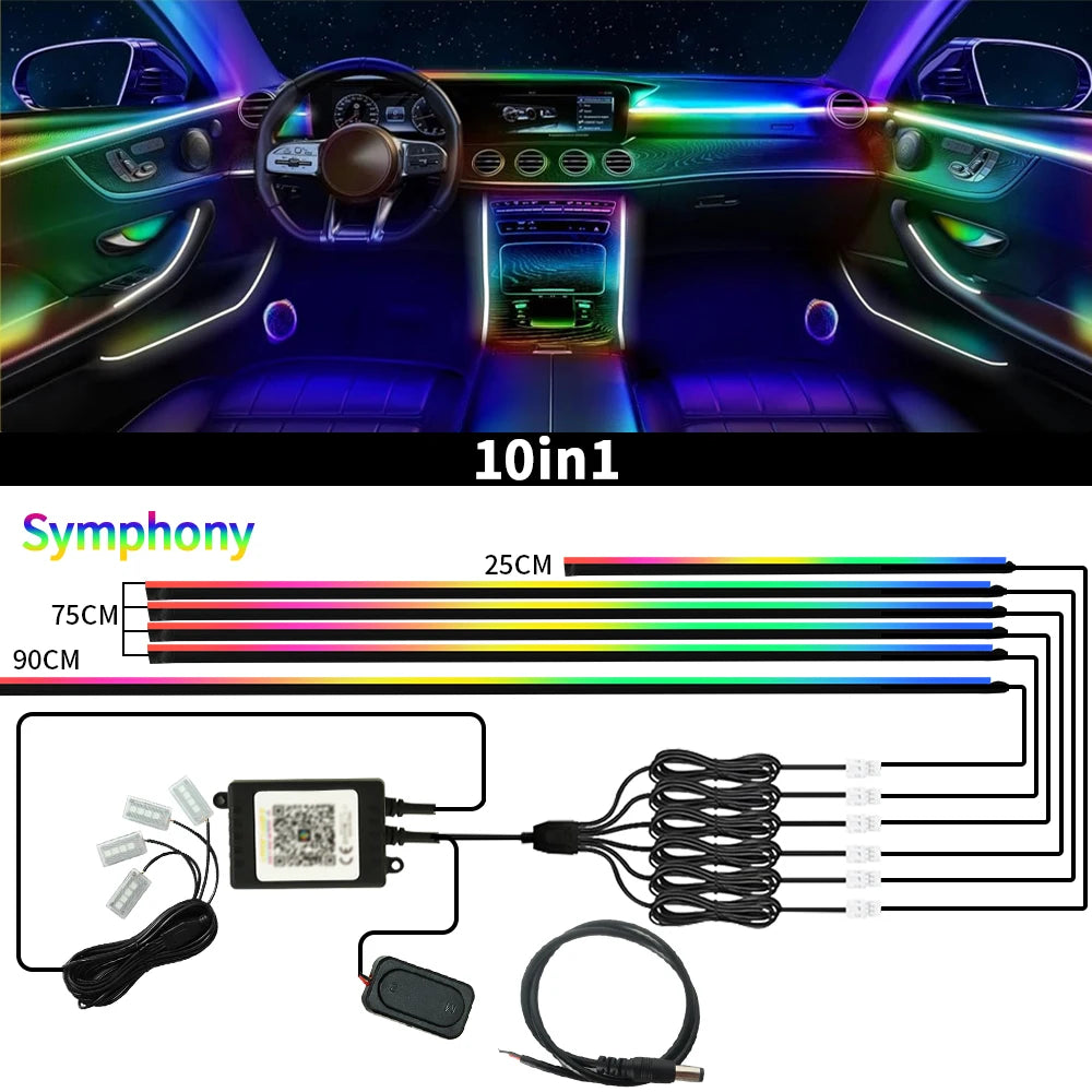 Car Ambient Lights Kit 18 in 1 RGB LED Interior Symphony Lights with App Control Acrylic Strip