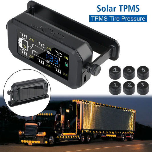 Solar TPMS for Trucks & Cars with 6 Wireless Tire Pressure Sensors and LCD Display