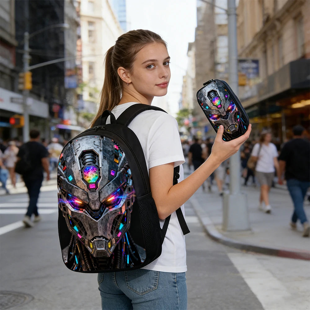 Cartoon Robot Print Backpack Set – Roomy Polyester School & Travel Bag, Unisex