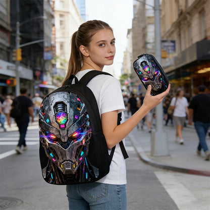 Cartoon Robot Print Backpack Set – Roomy Polyester School & Travel Bag, Unisex