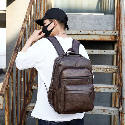 Men's PU Leather Laptop Backpack with USB Charging Port