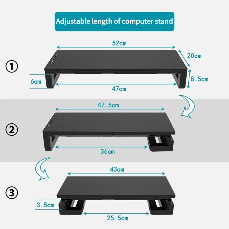 RGB Monitor Stand Riser with USB Hub, Fast Charging, Drawer & Phone Holder – Height Adjustable