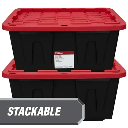 27 Gallon Heavy-Duty Storage Bin with Snap Lid – Black & Red Plastic Storage Container