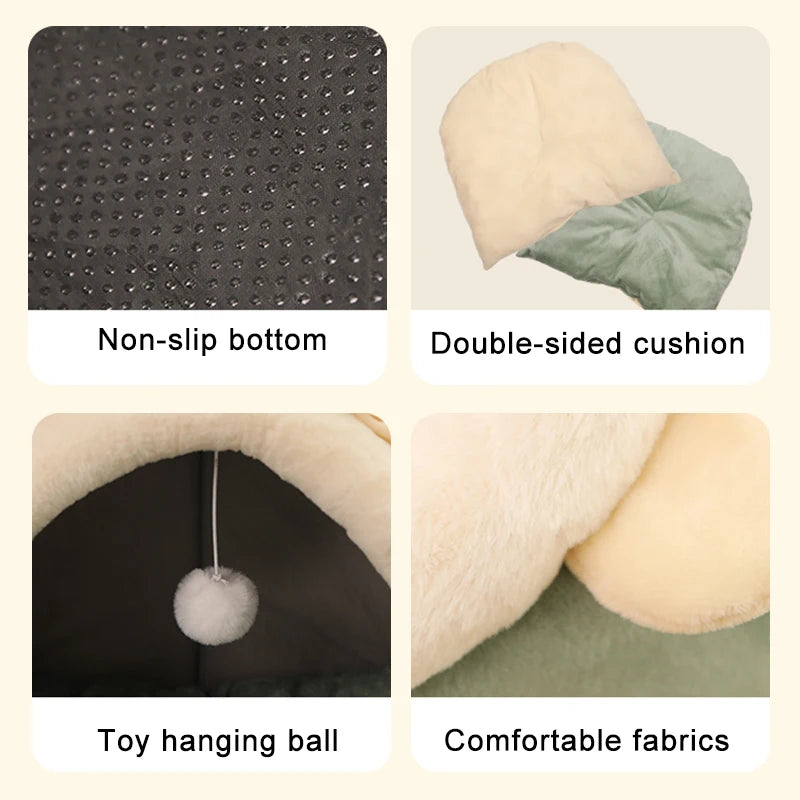 Cartoon Animal Ear Cat Cave Bed – Foldable Semi-Enclosed Pet Bed with Removable Cushion