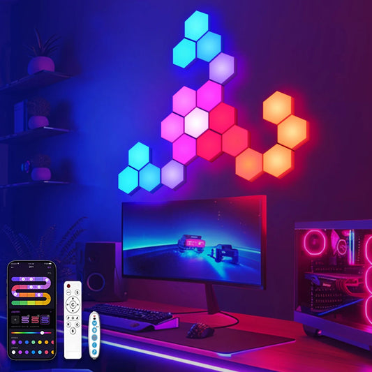 Colorful LED lights on a wall above a computer setup with Fivemi branding.