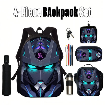 Cyberpunk Robot Pattern Backpack Set – Polyester, 20–35L, Unisex, 1–5 Piece