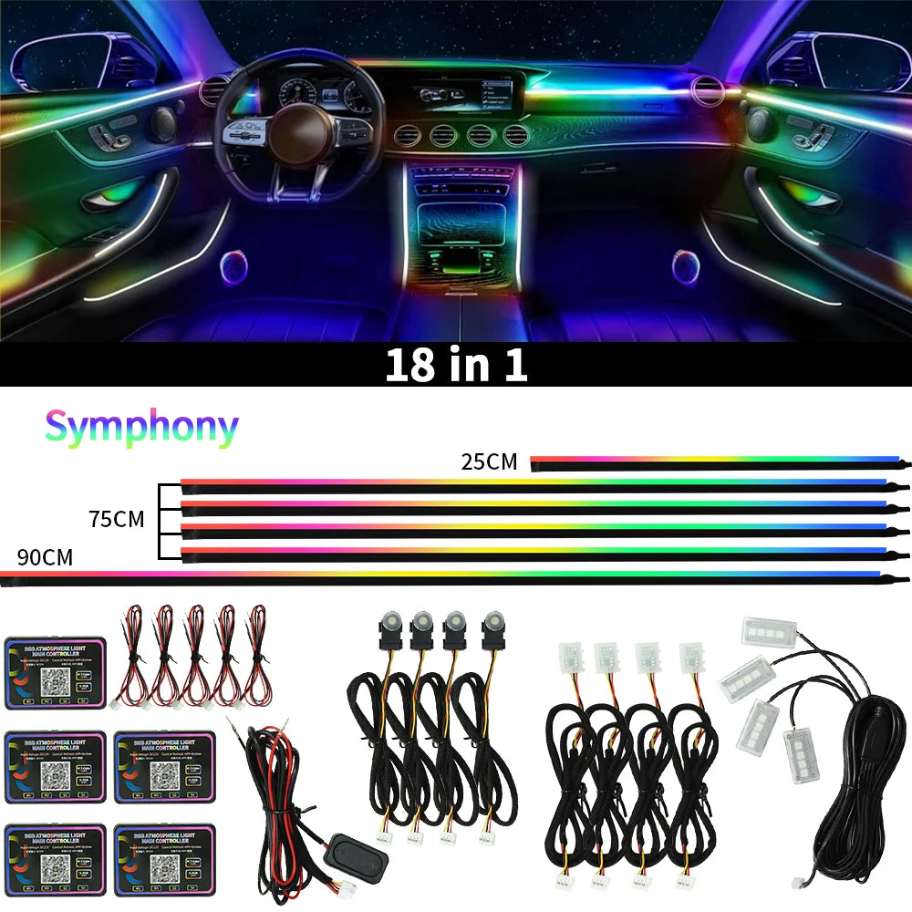 Car Ambient Lights Kit 18 in 1 RGB LED Interior Symphony Lights with App Control Acrylic Strip