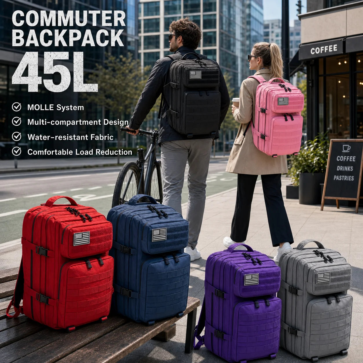45L Tactical Travel Backpack with MOLLE – Multi-Pocket, Laptop Sleeve, 13 Colors