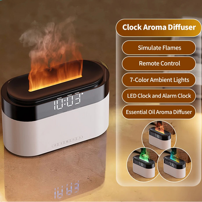 LED Clock Colorful Night Light with Flame Humidifier Ultrasonic Aromatherapy Diffuser with Remote Control