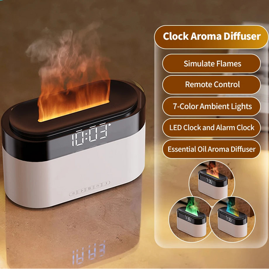 LED Clock Colorful Night Light with Flame Humidifier Ultrasonic Aromatherapy Diffuser with Remote Control