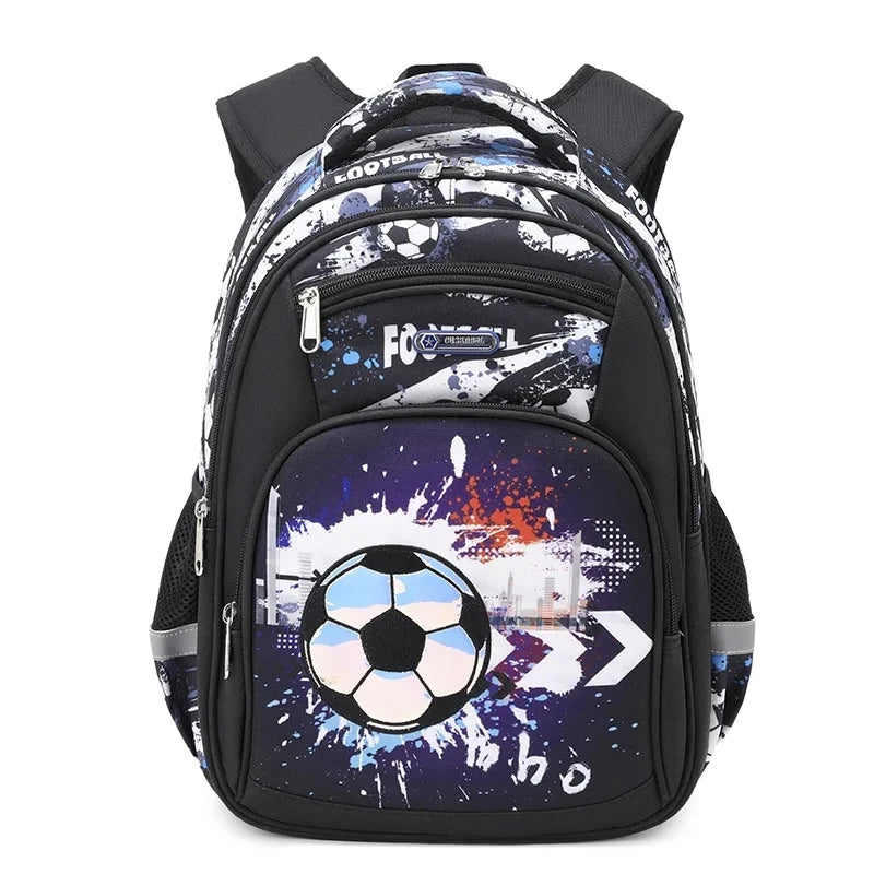 Football Print School Backpack – Nylon Travel & School Bag for Boys, Blue & Black