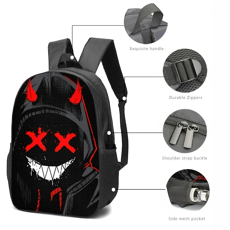 Devil Motif Backpack Set – Edgy 2D Print, Nylon, Laptop Compartment, Urban Travel