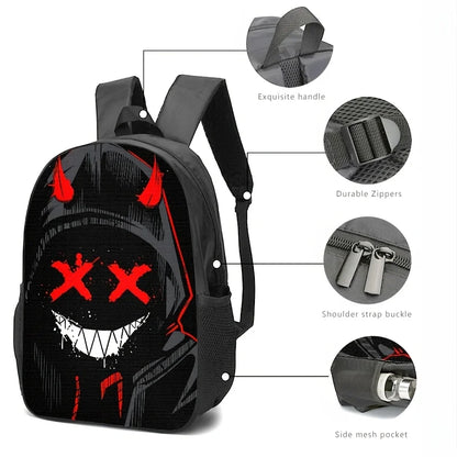 Devil Motif Backpack Set – Edgy 2D Print, Nylon, Laptop Compartment, Urban Travel