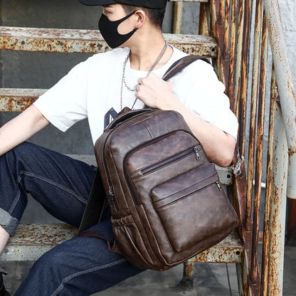 Men's PU Leather Laptop Backpack with USB Charging Port